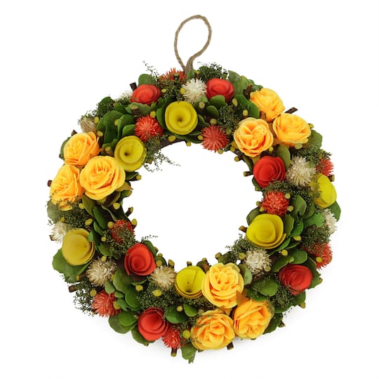 12.5&#x22; Peach, Orange, &#x26; Yellow Flowers with Moss &#x26; Twig Spring Wreath